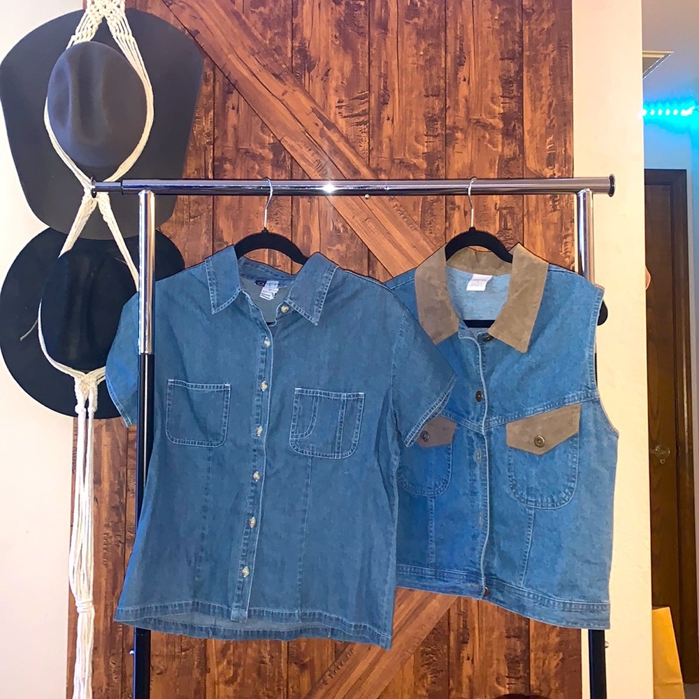 Two denim tops, button up shirt and vest. Both w/ functional from pockets.